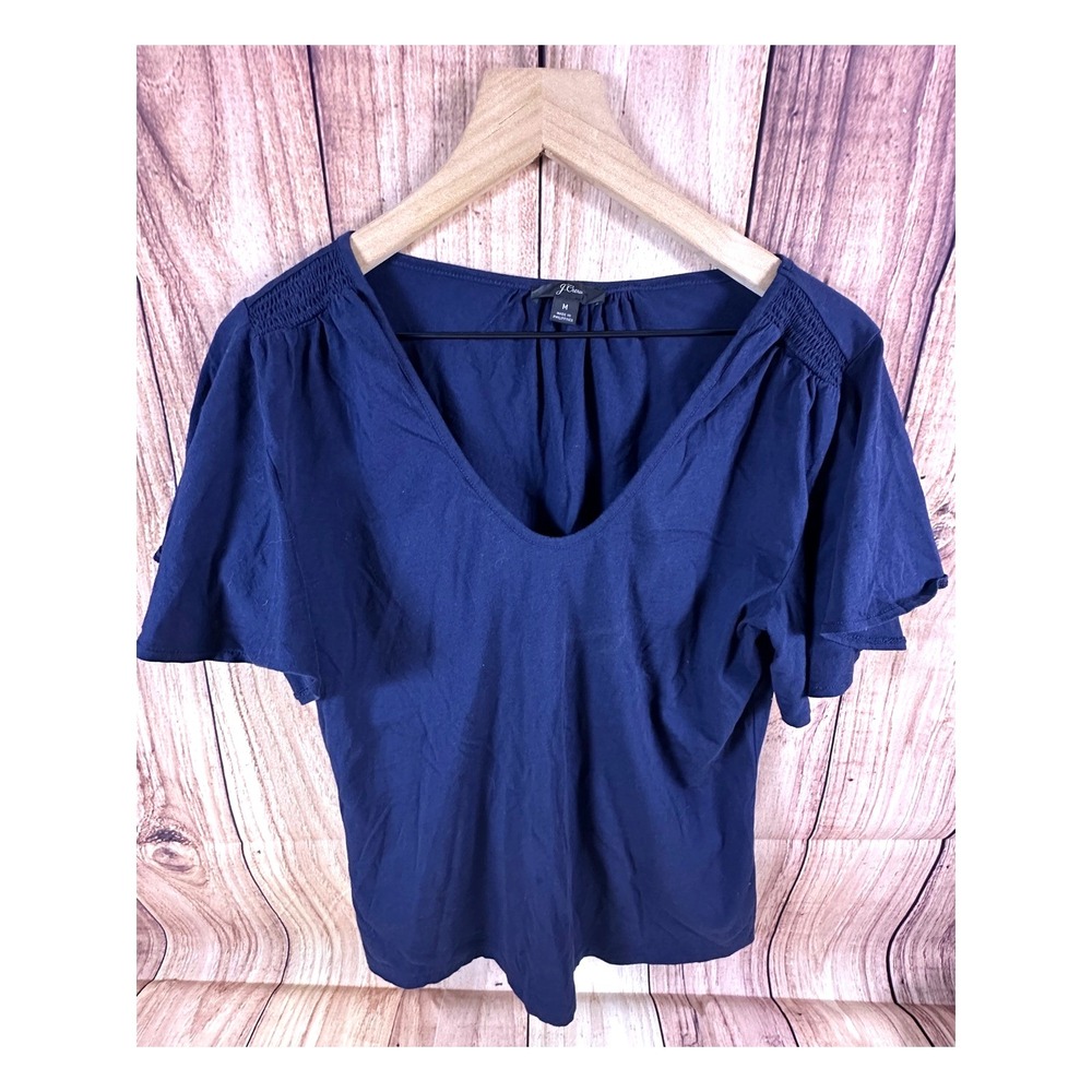 J.Crew Women Top Blouse Short Sleeve VNeck Navy Blue Pullover MEDIUM